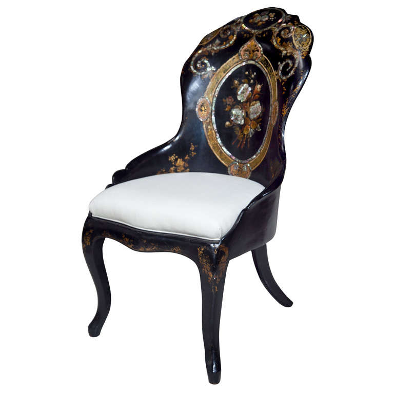 Black Papier Mache Chair with Mother of Pearl Inlay For Sale
