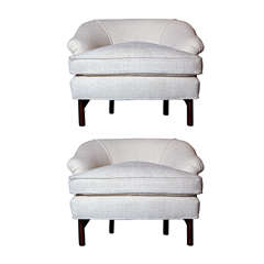 Pair Low Barrel-Back Armchairs with Rosewood Bases