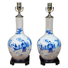 Antique Pair of Chinese Blue and Beige Porcelain Lamps