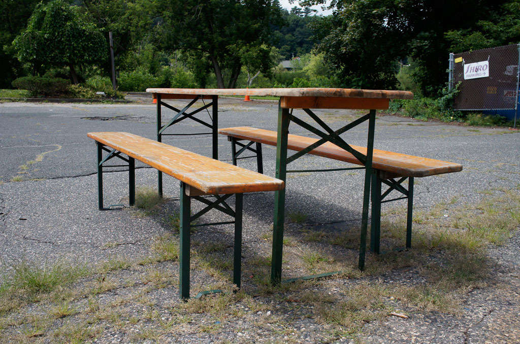 Folding Table with 2 matching benches from German beer halls. Bench depth:  11

Picnic tables and benches.  Patio and garden table and benches.
Keywords:  Indoor outdoor table and benches.