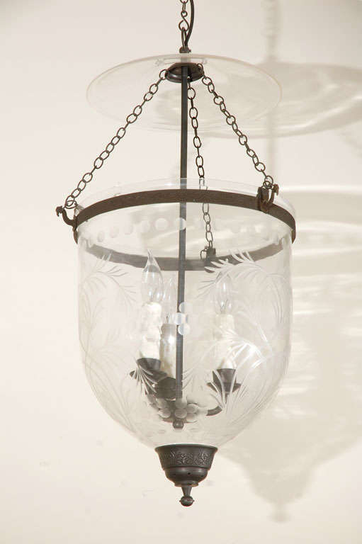Glass Bell Jar with etched floral and leaf motif.  Antiqued Brass fixture .
