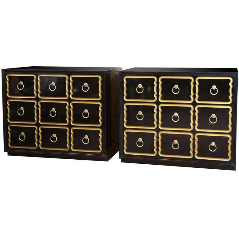 Pair of Dorothy Draper Black Lacquer Espana Dressers by Heritage