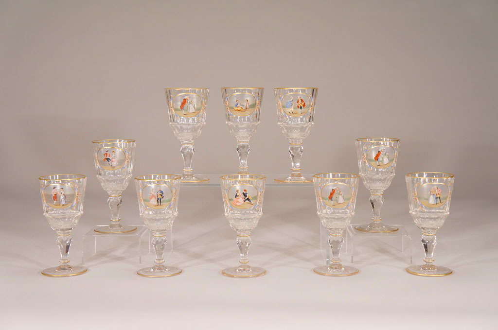 Austrian Set of 10 Lobmeyr Crystal Goblets With Hand Painted Reserves For Sale