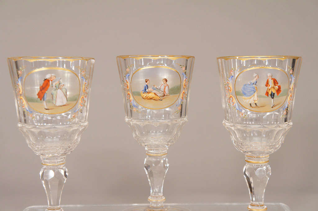 19th Century Set of 10 Lobmeyr Crystal Goblets With Hand Painted Reserves For Sale