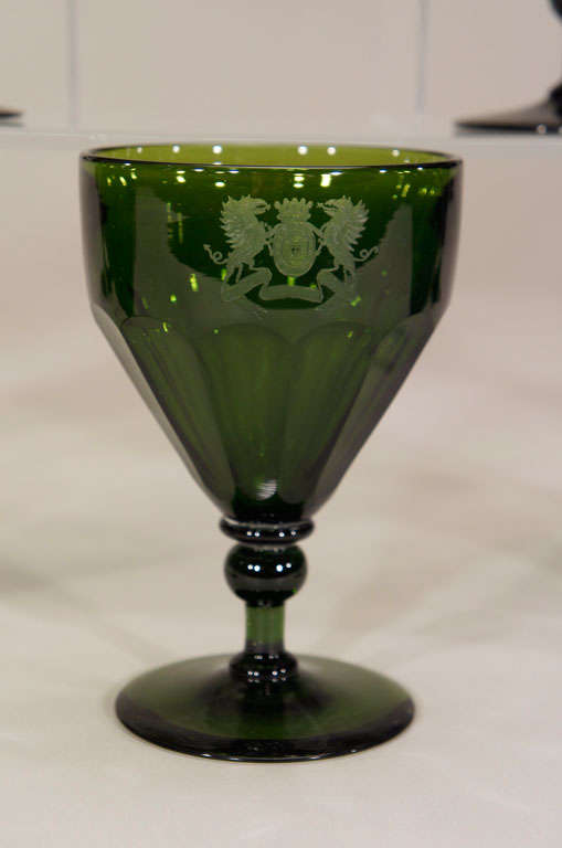 American Set of 8  Steuben Spanish Green Crystal Water Goblets Armorial