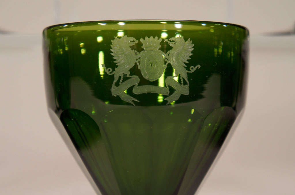 Set of 8  Steuben Spanish Green Crystal Water Goblets Armorial In Excellent Condition In Great Barrington, MA