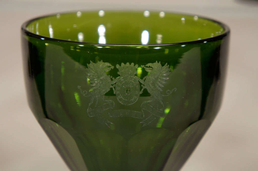 20th Century Set of 8  Steuben Spanish Green Crystal Water Goblets Armorial