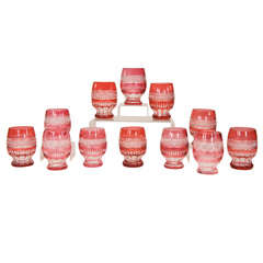 Antique Set of 12 Crystal Cranberry Overlay Cut to Clear Tumblers