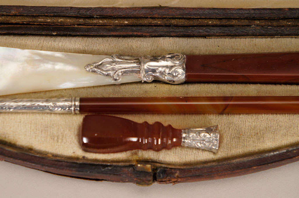 Polished Set of Desk and Writing Instruments in Fitted Leather Box, 19th Century For Sale