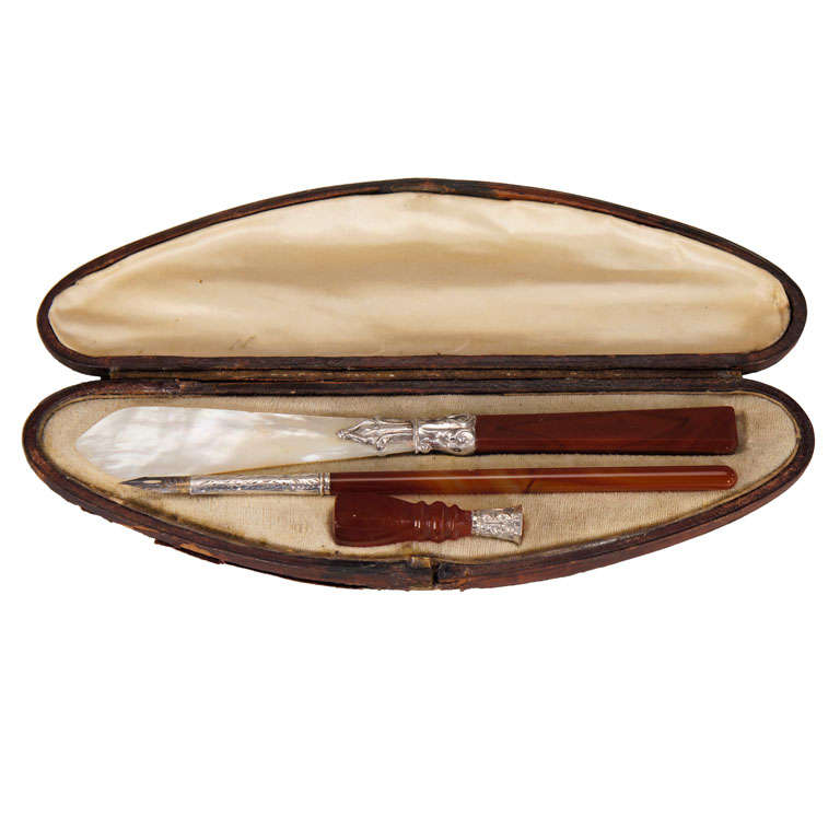 Set of Desk and Writing Instruments in Fitted Leather Box, 19th Century For Sale