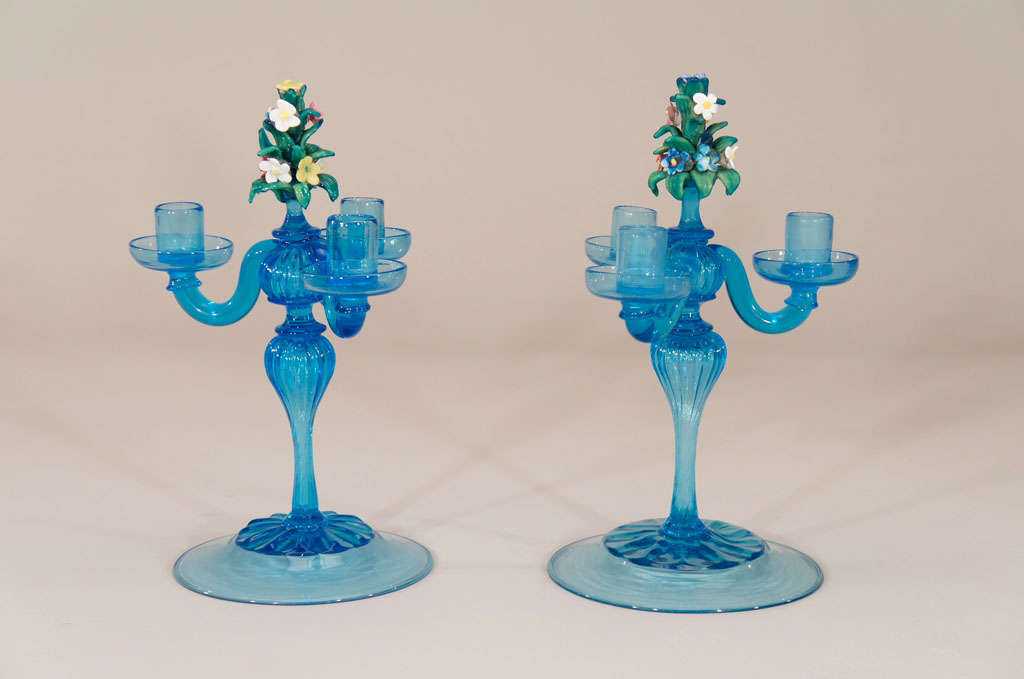 Salviati Hand Blown Venetian  3 Arm Turquoise Candlesticks
