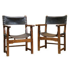 Pair of Spanish Baroque Chestnut and Leather Armchairs