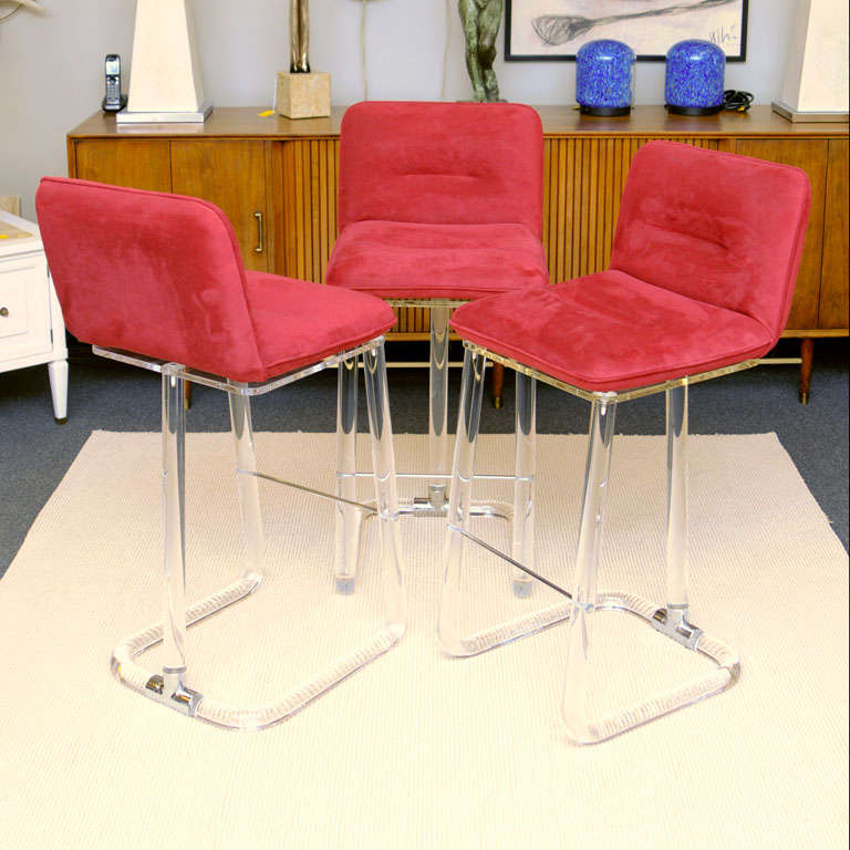 Luxe Leon Frost Lucite Bar Stools Cranberry Ultrasuede