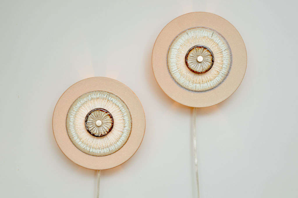 SOLD  Extraordinary modern sconces from Denmark with a very organic aura, designed by Noomi Backhausen & Poul Brandborg for Soholm, the noted Danish pottery firm on the island of Bornholm.  The stoneware or stentoj consists of plate like disks with