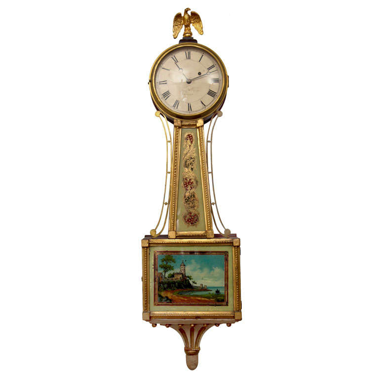 19th C. Boston MA Federal Eglomise' Banjo Clock For Sale