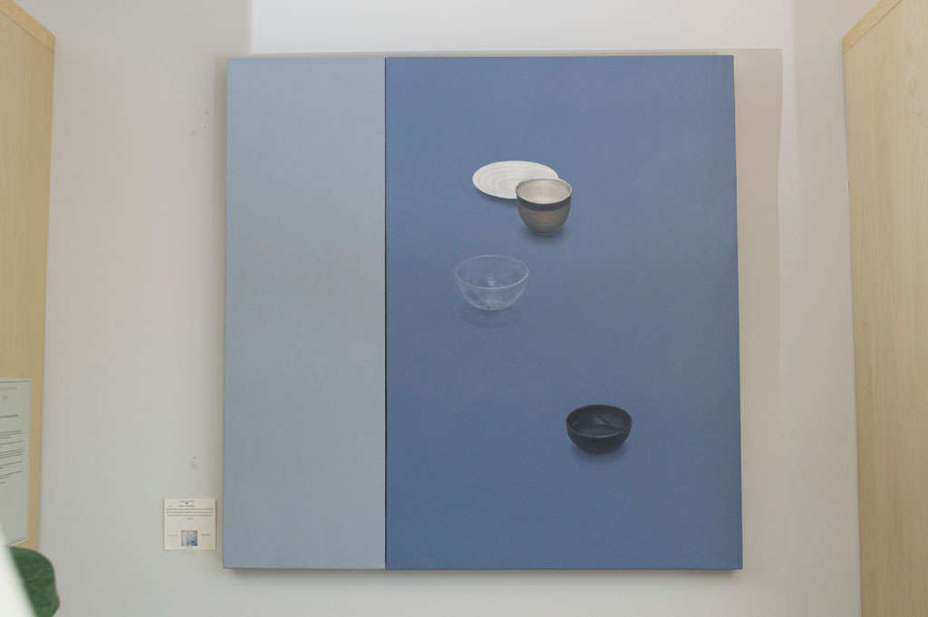 Artist Willard Dixon. Beautiful oil on canvas diptych of still life in slight shadow. Three bowls and a saucer. In tones of still blue and gray. From his Meditations series.