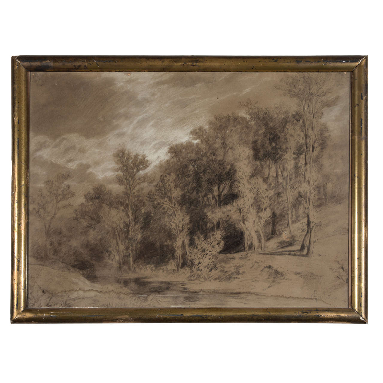 Signed 19th Century Charcoal and Chalk Landscape