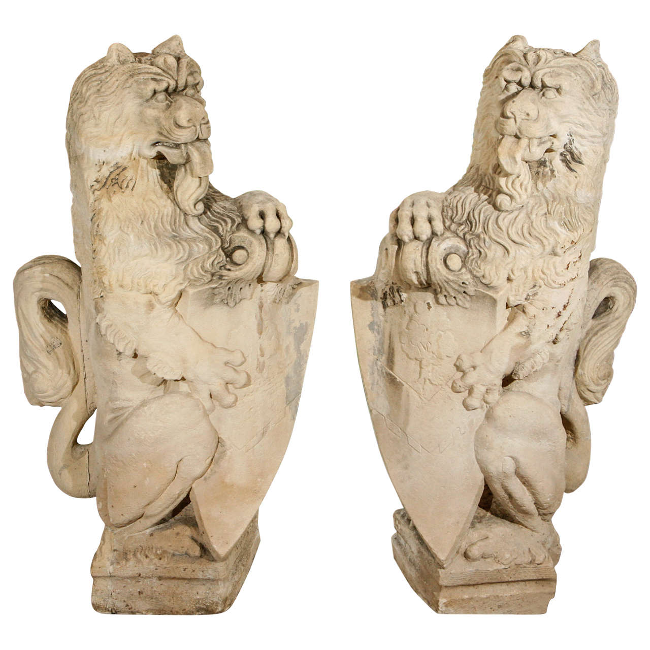 Pair of 18th Century French Limestone Lions
