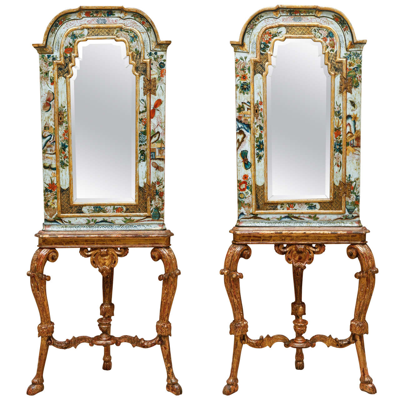 Pair of 18th Century English Chinoiserie Mirrored Corner Cabinets For Sale