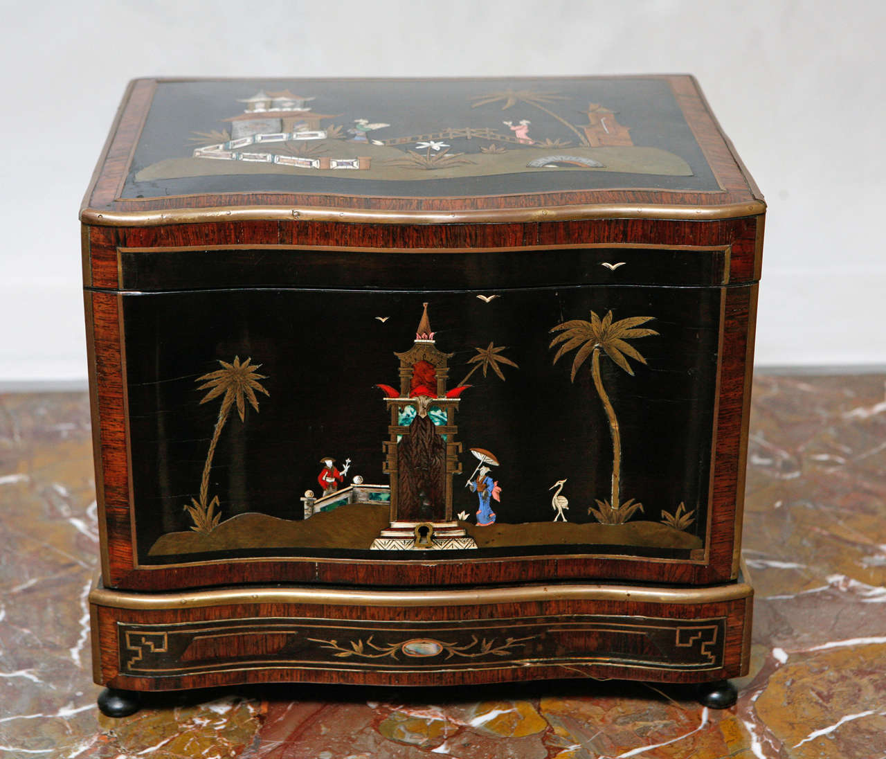 Very fine 19th c. French Liquor Box with Coral, Mother of Pearl, Ivory and Malachite, Copper and Brass Inlays. Baccarat Glasses and Bottles are housed inside box.
