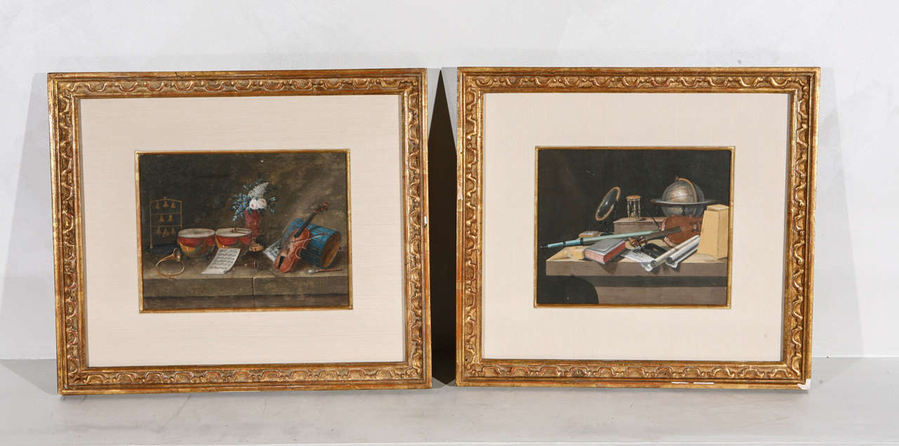 Early 19th c. Pair of French Gouche Still LIfe Paintings.  They are in Giltwood Frames and signed by the artist:  Lelong.  The frame measurements are 14.5 inches L by 12.5 inches H.