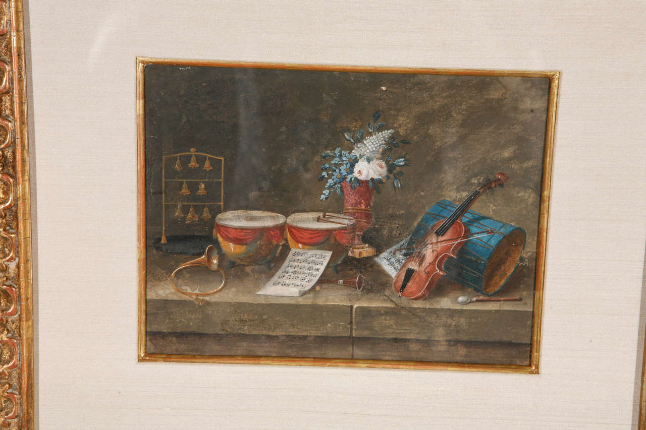 Giltwood 19th c. Pair of French Gouache Still Life Paintings For Sale
