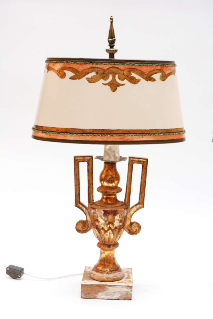Pair of 19th c. Italian Giltwood Urn Lamps In Good Condition For Sale In Los Angeles, CA