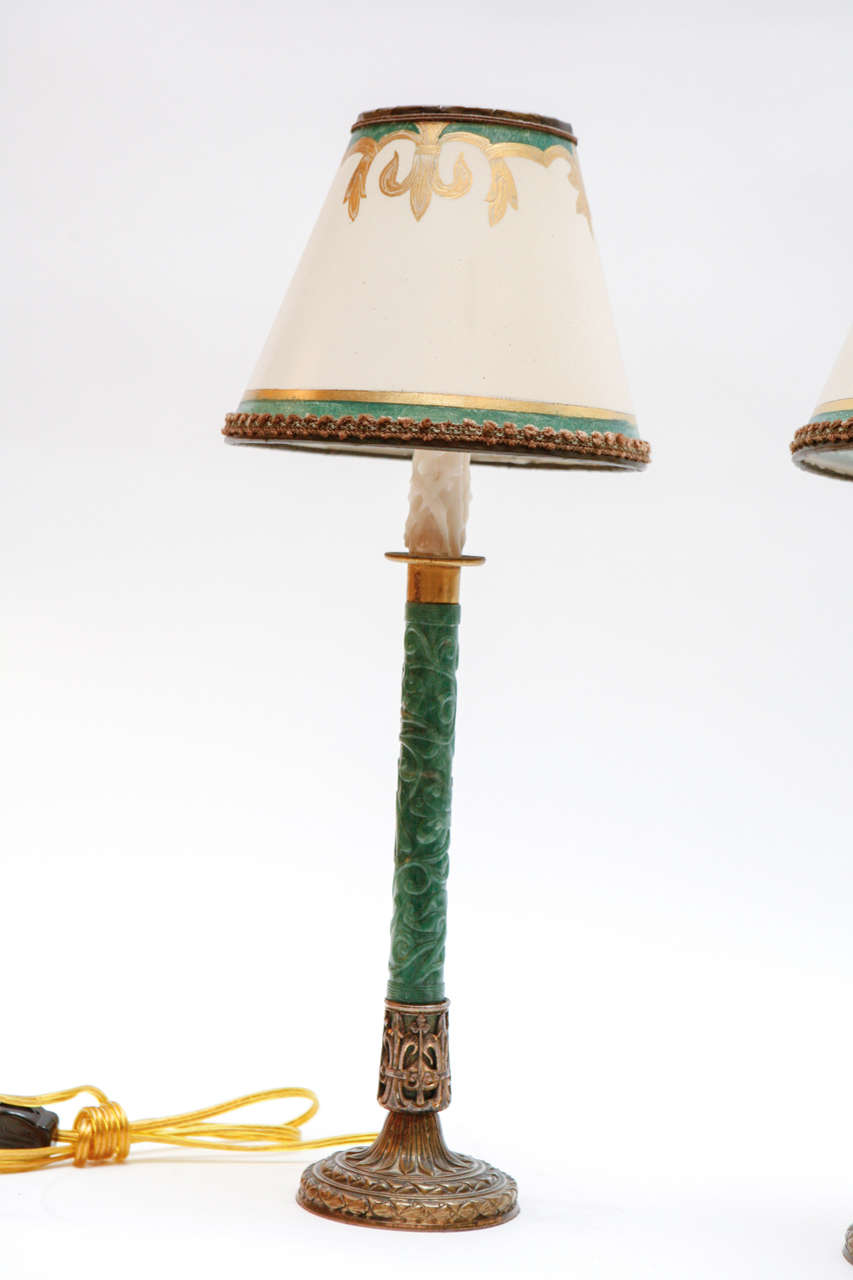 Pair of 19th c. French Nephrite Candlestick Lamps In Excellent Condition In Los Angeles, CA