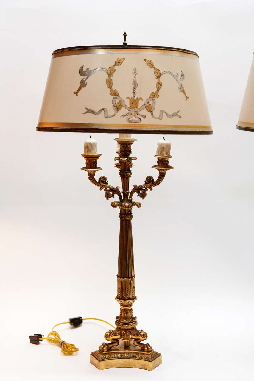 Gilt Pair of 19th c. French Dore Bronze Candelabra Lamps