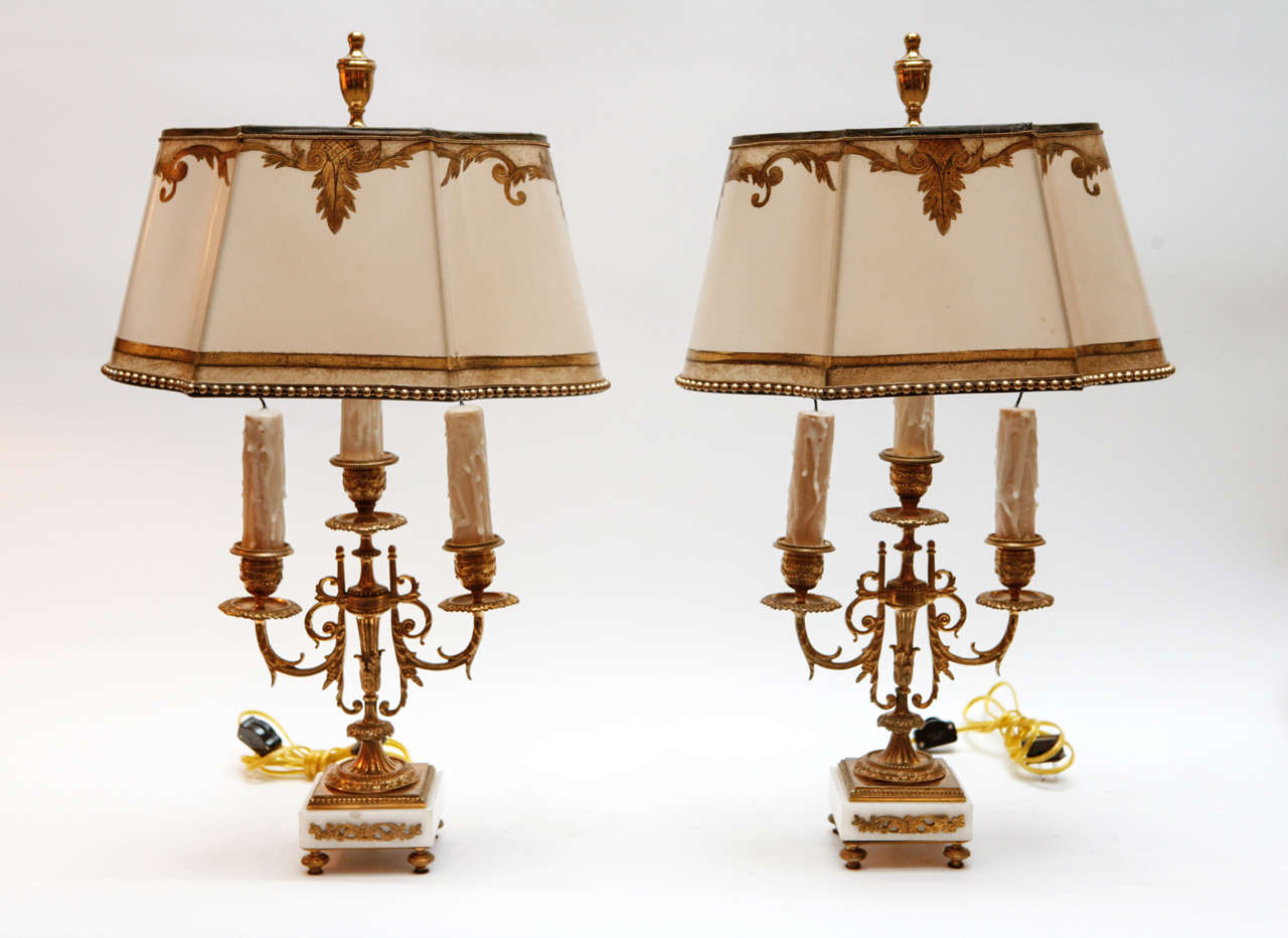 19th c. French Dore Bronze Candlestick Lamps