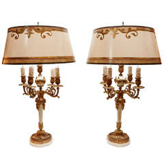 Pair of 19th c. French Marble and Bronze Candelabra Lamps