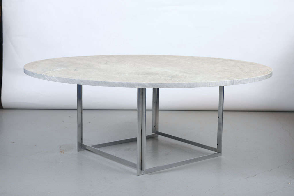 Rare Low PK-54 table. Circular table with cube frame of chromed steel. Top of Cipollini marble. Manufactured and stamped by E. Kold Christensen.