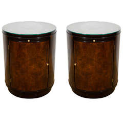 A Pair of Drexel Drum Shaped End Tables, with glass tops.