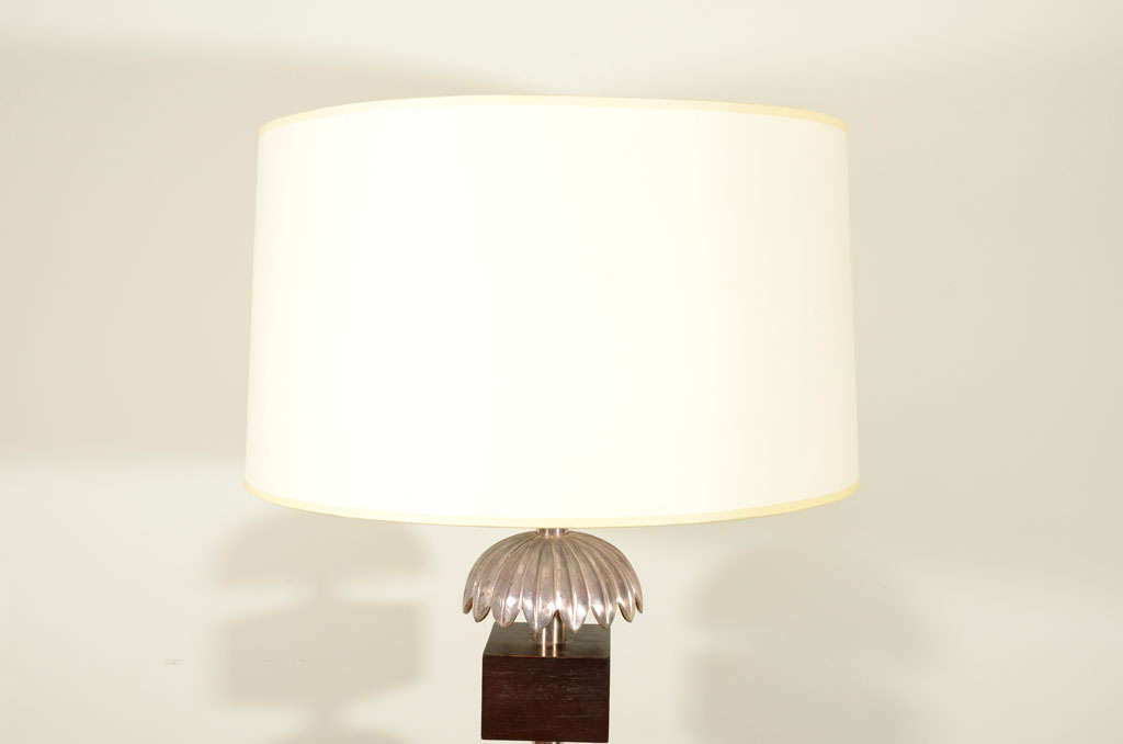 Mid-20th Century A Pair of Silvered Metal and Wood Table Lamps.