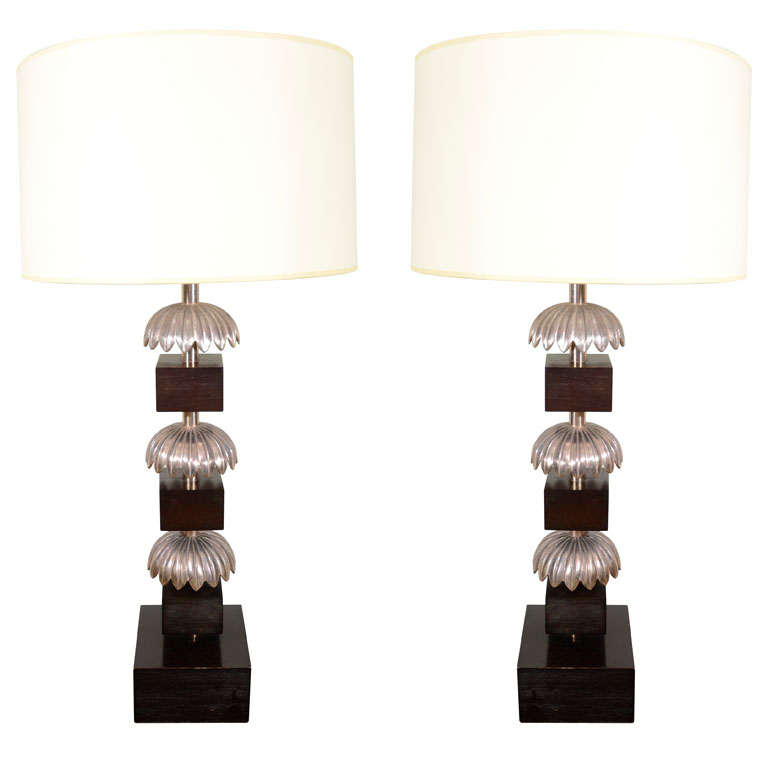 A Pair of Silvered Metal and Wood Table Lamps.