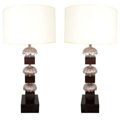 A Pair of Silvered Metal and Wood Table Lamps.