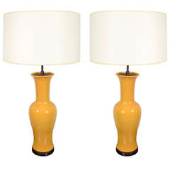 A Pair of Yellow Glazed Chinese Style Ceramic Table Lamps.
