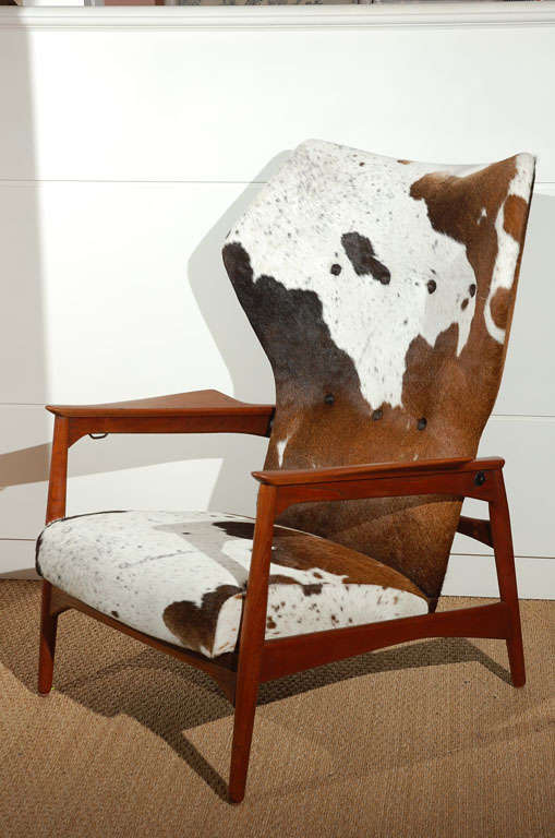 Unusual Danish armchair with great scale. Upholstered in dappled cowhide.