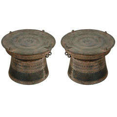 Antique Pair of Asian Bronze Rain Drums with Glass top
