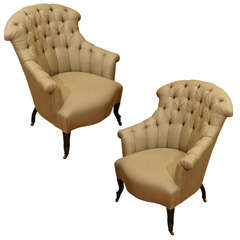 Antique Pair of Tufted Napolean III Chairs in Linen