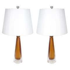 Pair of Amber Encased Glass Lamps by Kosta Boda