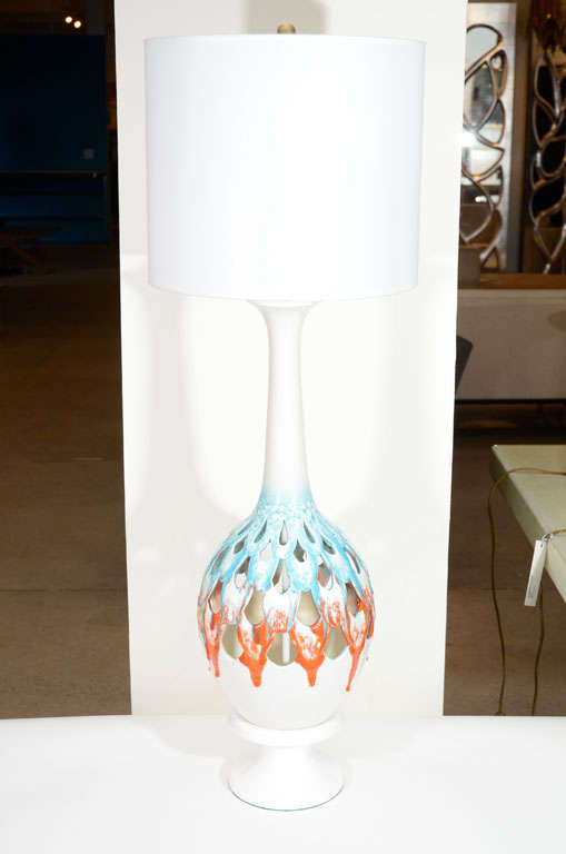 Monumental Pierced White Ceramic Lamps with Drip Glaze