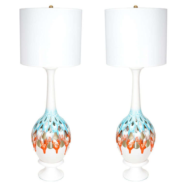 Monumental Pierced White Ceramic Lamps with Drip Glaze