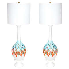 Monumental Pierced White Ceramic Lamps with Drip Glaze