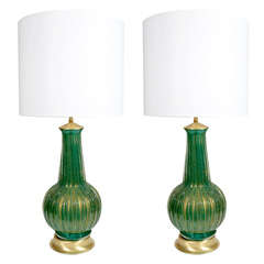Pair of Emerald Green Gored Lamps by Barovier
