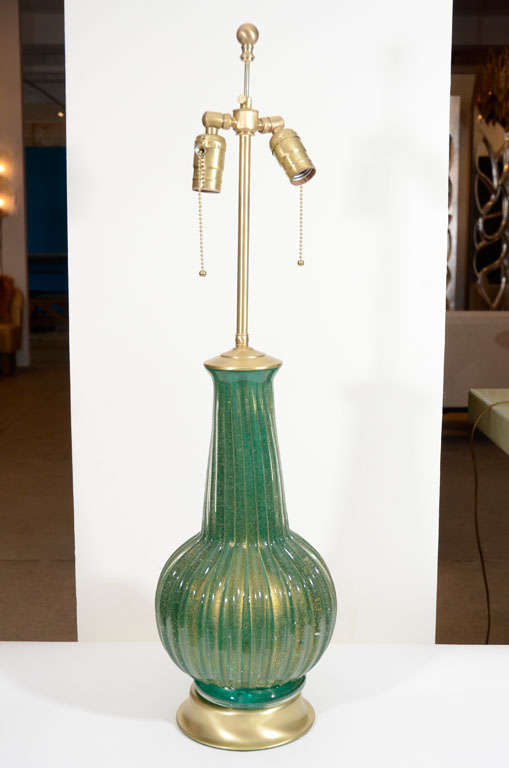 Mid-20th Century Pair of Emerald Green Gored Lamps by Barovier