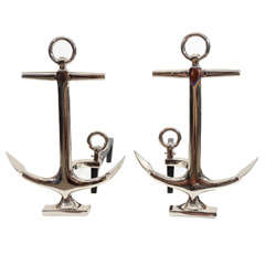 Pair of Heavy Polished Nickel Anchor Andirons