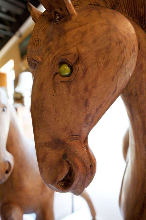 Pair of Carved Standing  Wood  Horses In Excellent Condition For Sale In Nashville, TN