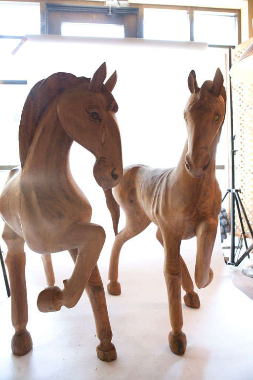Pair of Carved Standing  Wood  Horses