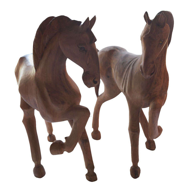 Pair of Carved Standing  Wood  Horses For Sale